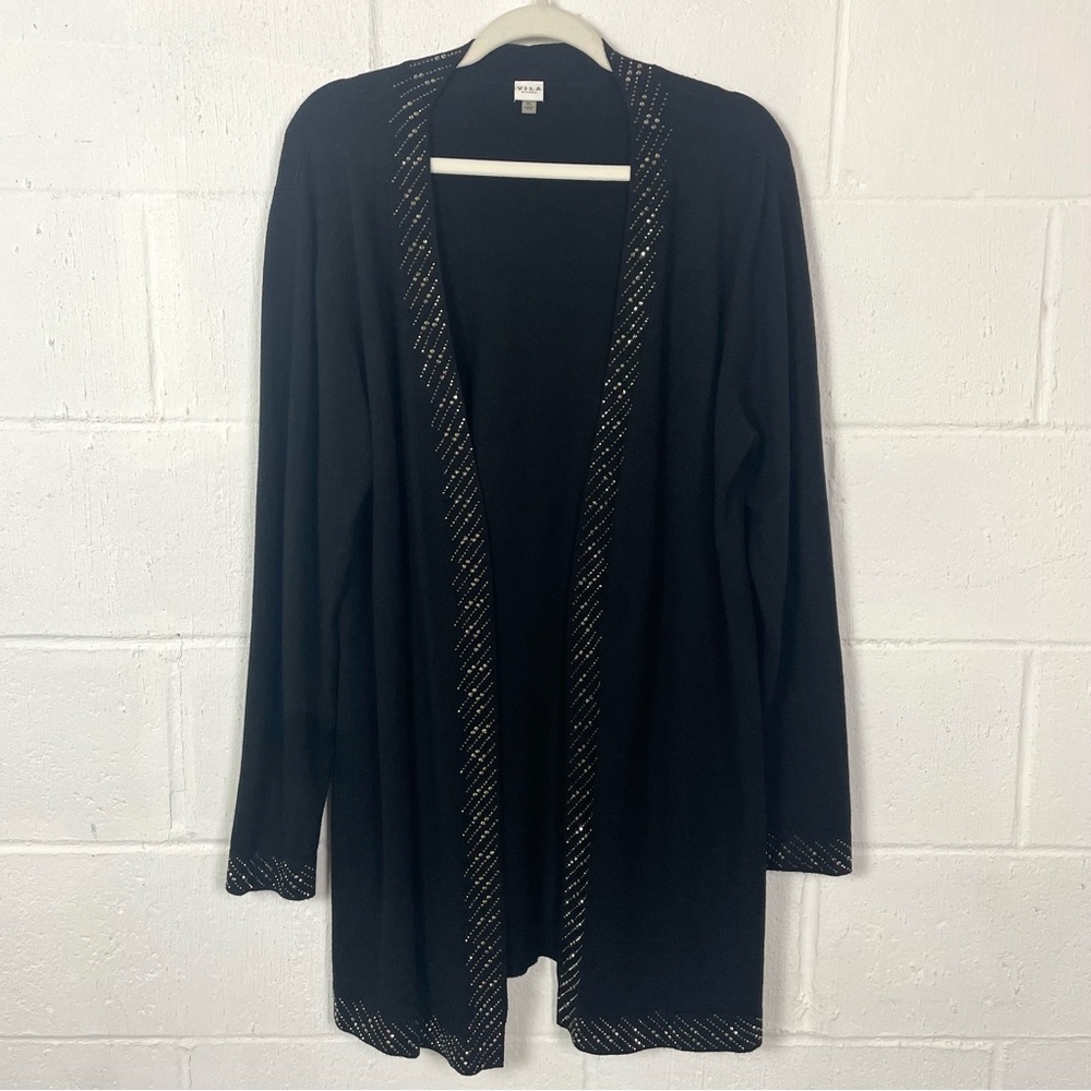 Vila Milano Long Open Front Cardigan Black Crystal Trim Glam Holiday‎ Luxury XL